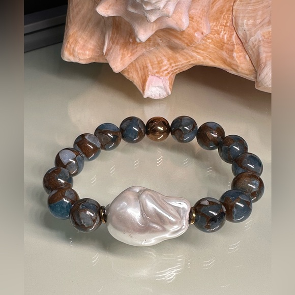 CLOISONNÉ JASPER + BAROQUE MOP  NATURAL STONES BRACELET size 7” - Picture 3 of 9